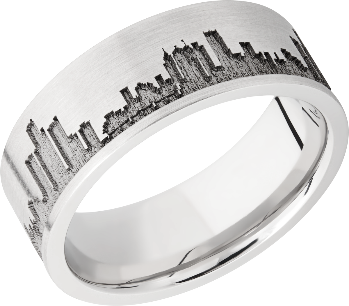 Cobalt chrome 8mm flat band with laser-carved Detroit skyline