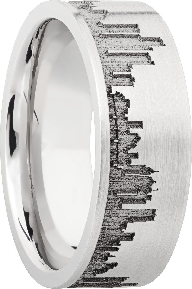 Cobalt chrome 8mm flat band with laser-carved Detroit skyline