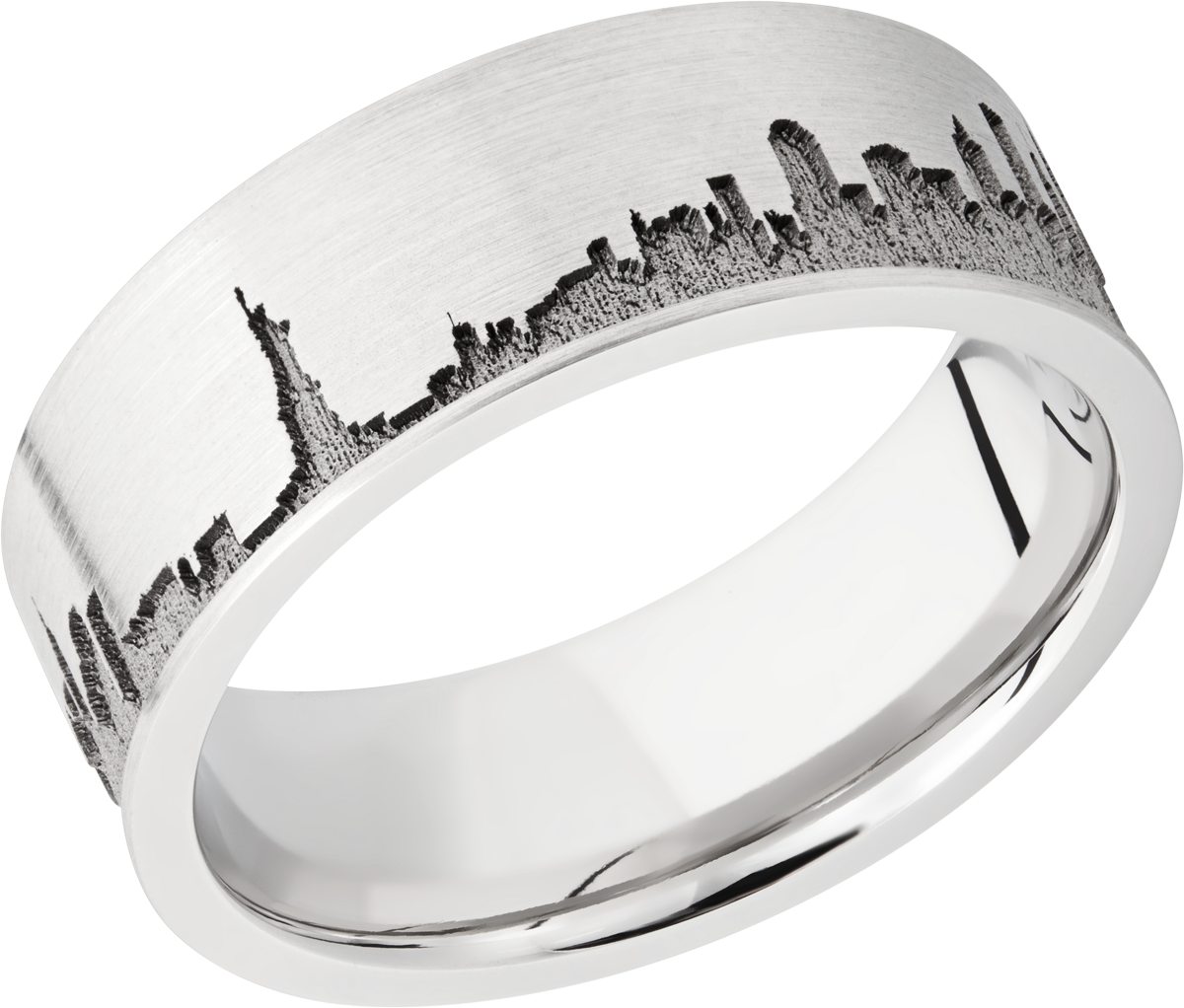 Cobalt chrome 8mm flat band with laser-carved New York skyline