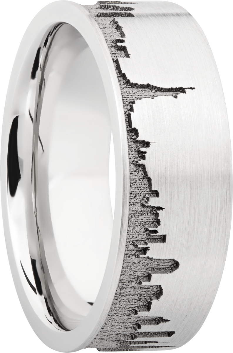 Cobalt chrome 8mm flat band with laser-carved New York skyline