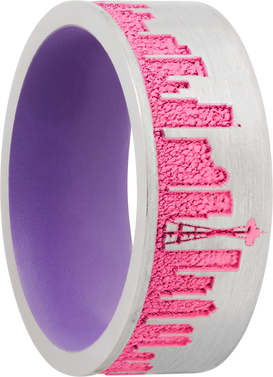 Cobalt chrome 8mm flat band with a laser-carved New York skyline featuring Pink Cerakote in the recessed pattern and Bright Purple Cerakote on the sleeve