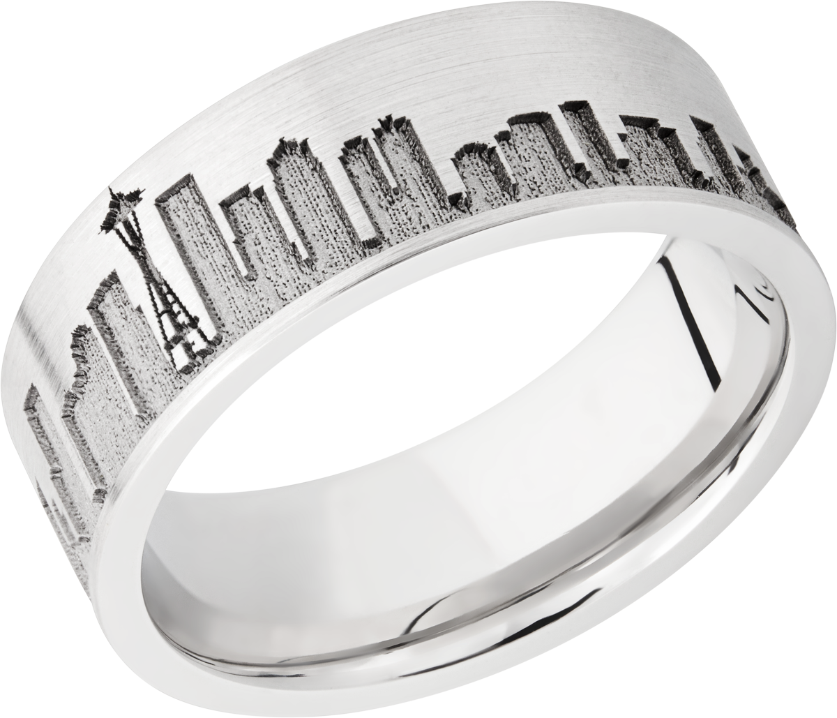 Cobalt chrome 8mm flat band with laser-carved Seattle skyline
