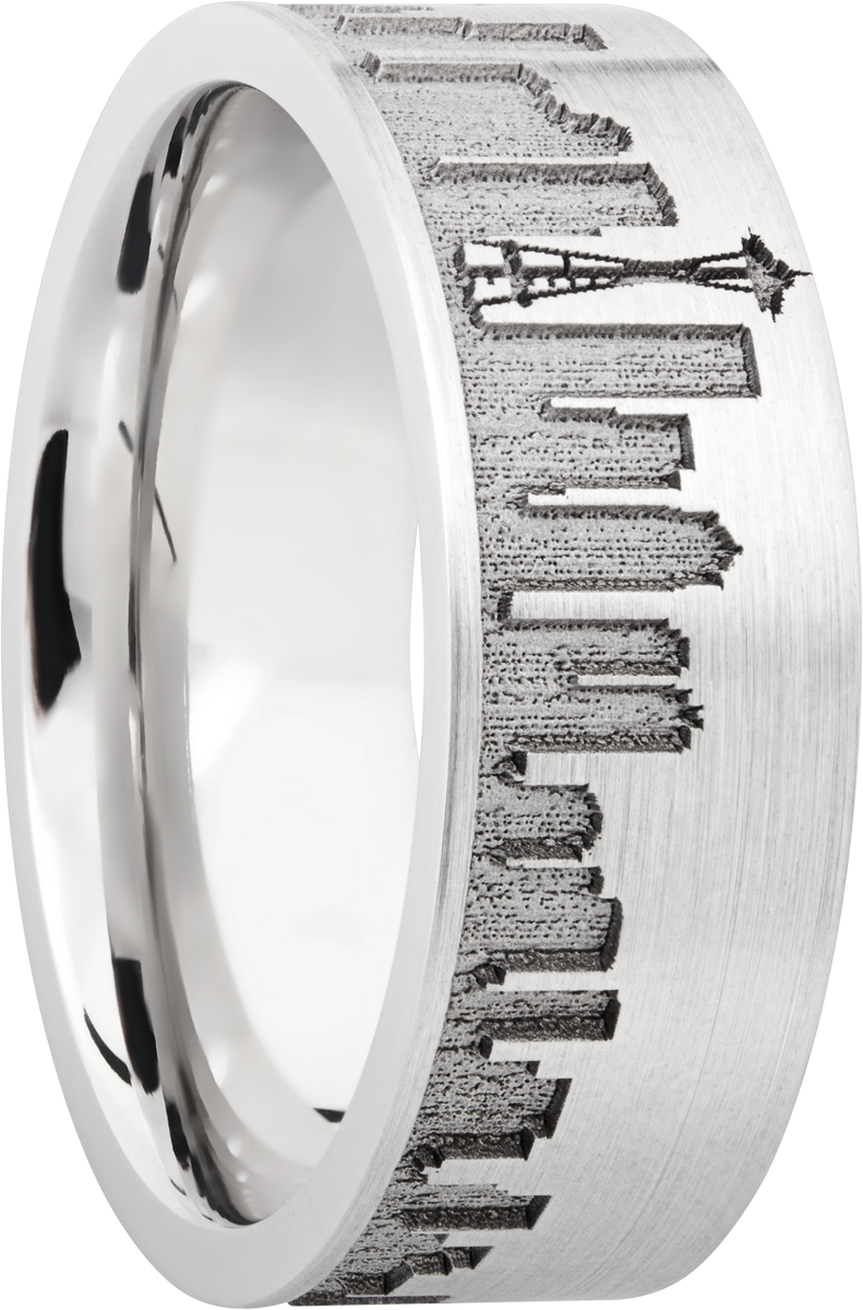 Cobalt chrome 8mm flat band with laser-carved Seattle skyline
