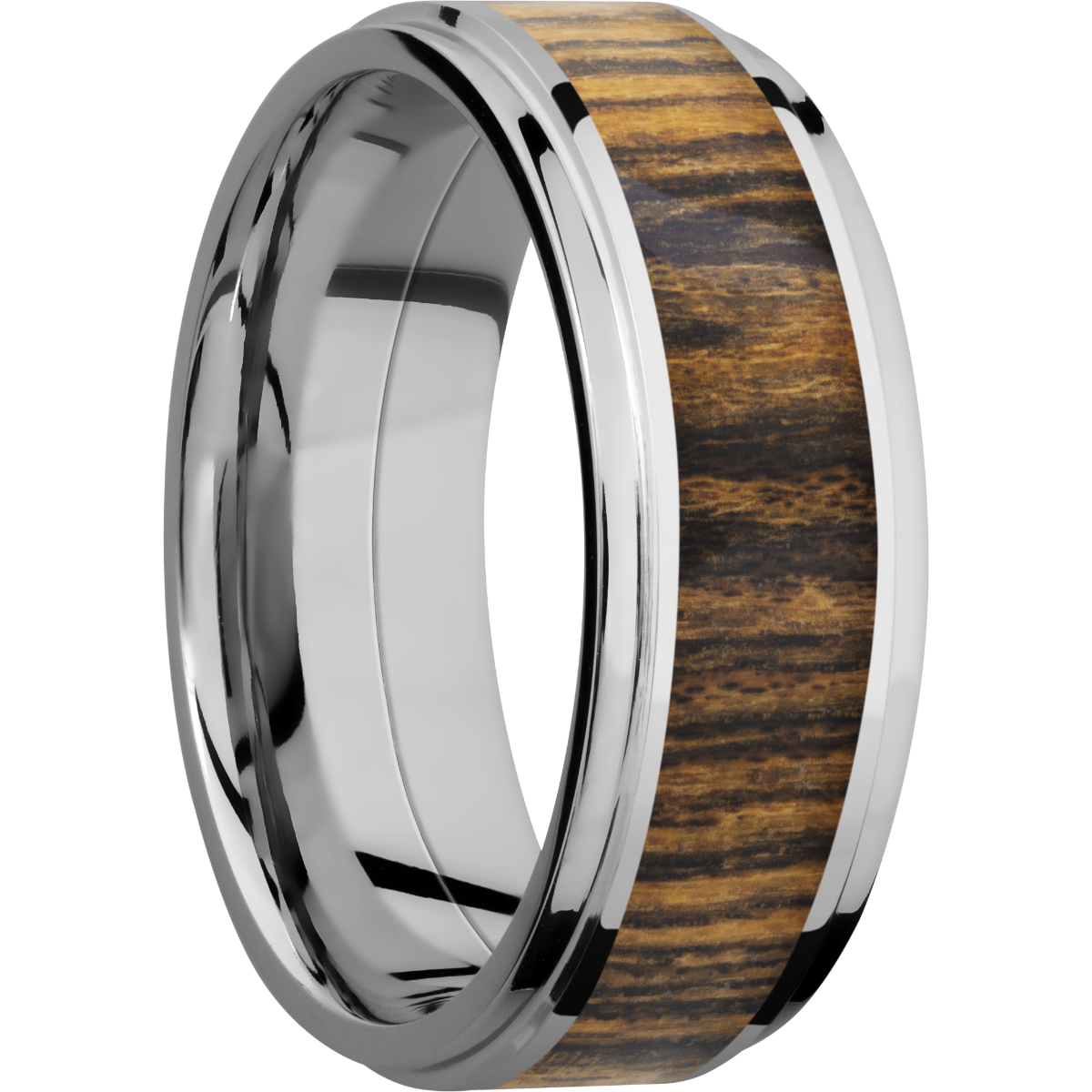 Cobalt chrome 8mm flat band with grooved edges and an inlay of Bocote hardwood