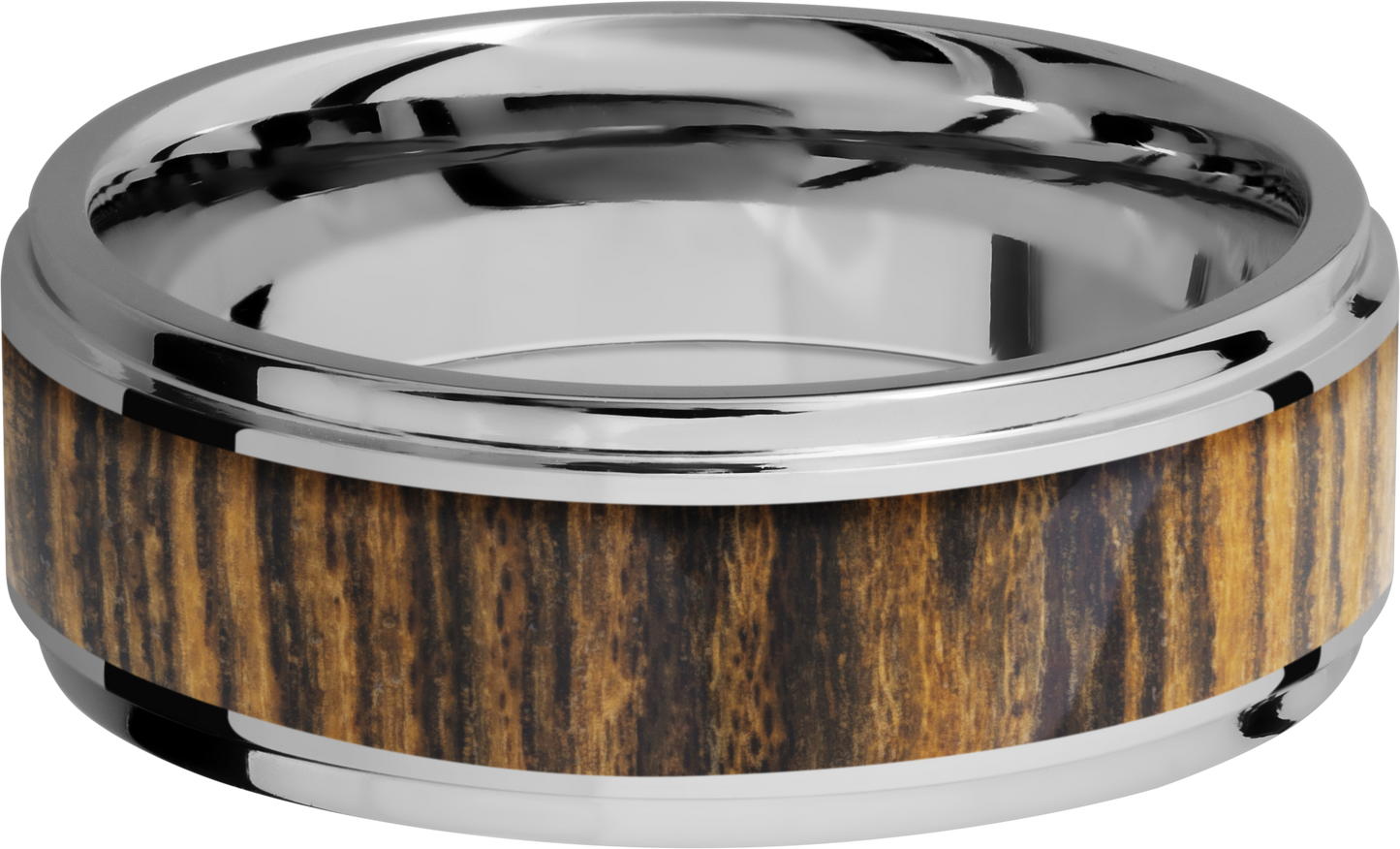 Cobalt chrome 8mm flat band with grooved edges and an inlay of Bocote hardwood