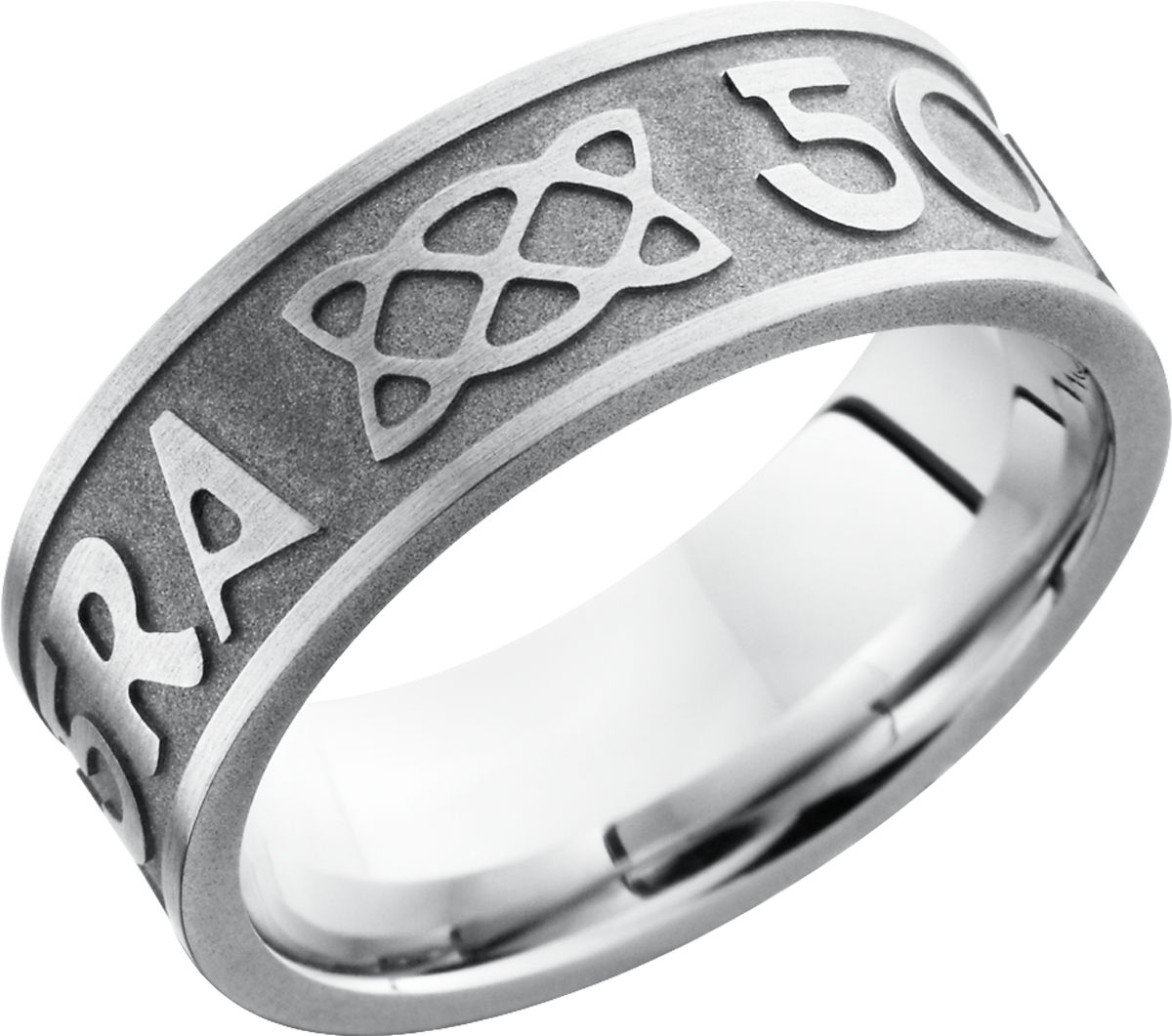 Cobalt chrome 8mm flat band with a laser-carved pattern