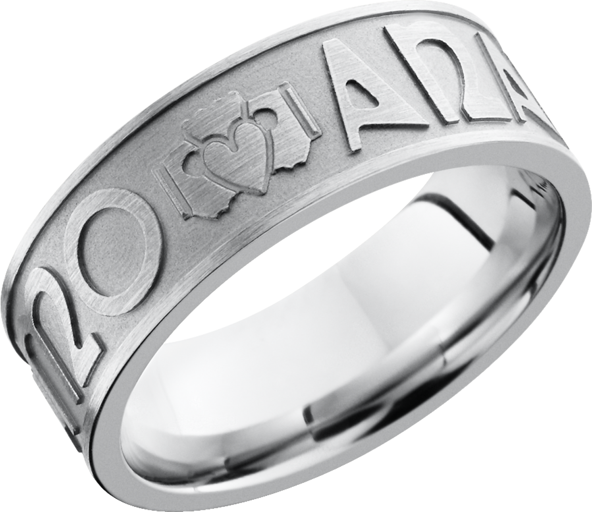 Cobalt chrome 8mm flat band with a laser-carved pattern