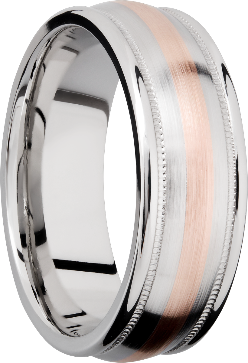 Cobalt chrome 8mm domed band with rounded edges and 14K rose gold inlays in reverse milgrain