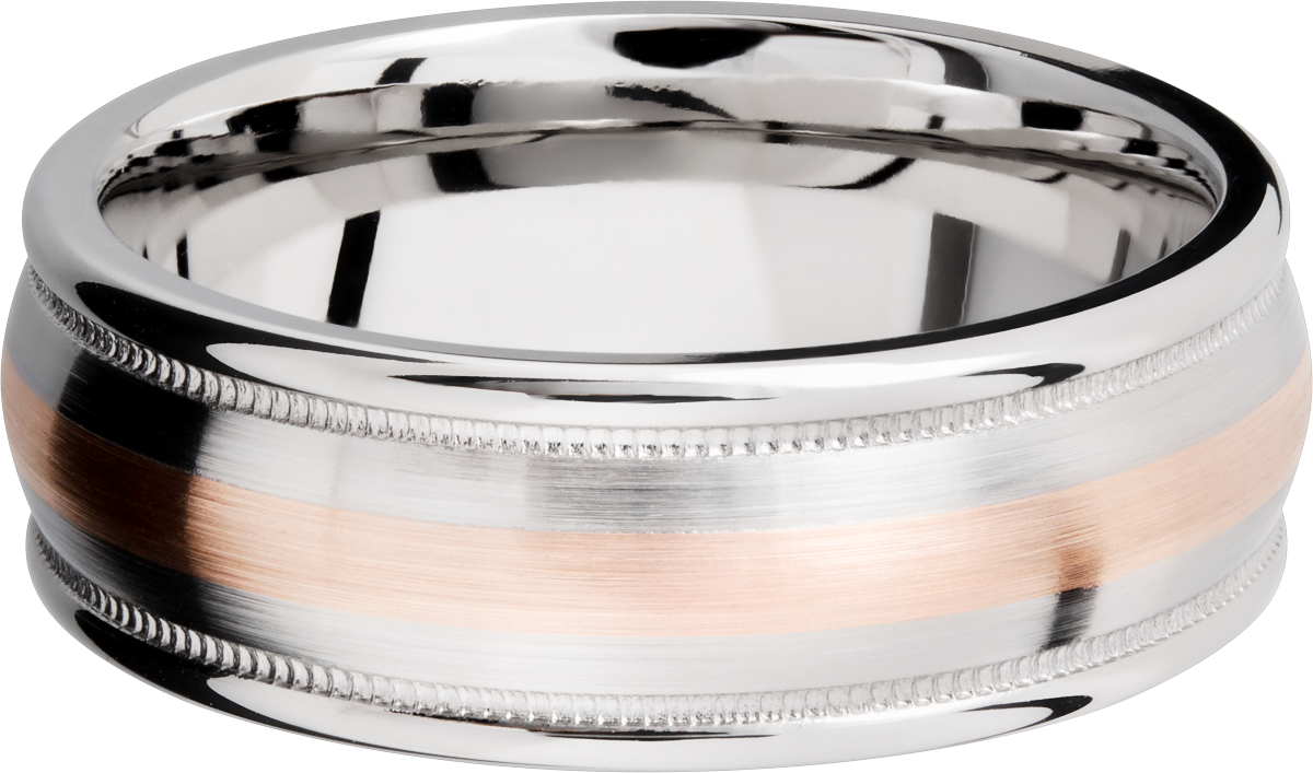 Cobalt chrome 8mm domed band with rounded edges and 14K rose gold inlays in reverse milgrain