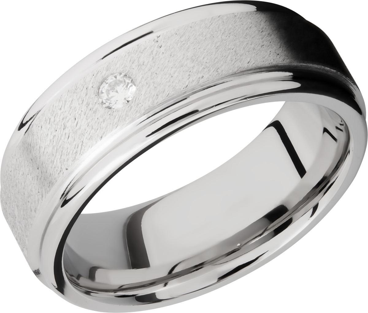 Cobalt chrome 8mm flat band with rounded edges and a .07ct flush-set diamond