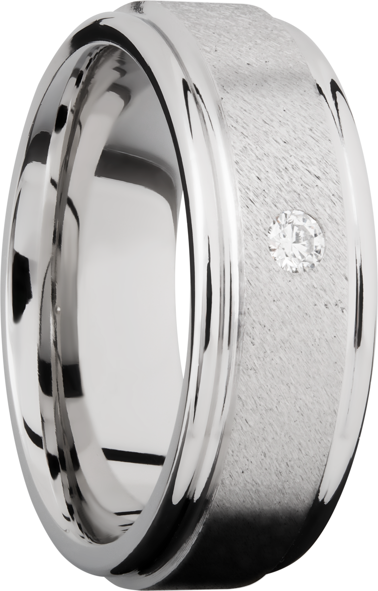 Cobalt chrome 8mm flat band with rounded edges and a .07ct flush-set diamond