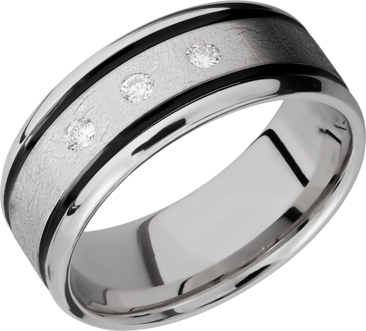 Cobalt chrome 9mm beveled band with black Cerakote in grooves and 3, .05ct flush-set diamonds