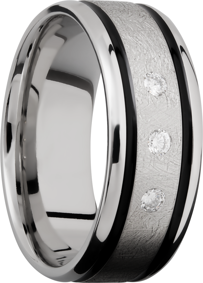 Cobalt chrome 9mm beveled band with black Cerakote in grooves and 3, .05ct flush-set diamonds