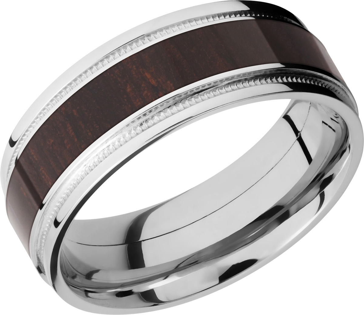 Cobalt chrome 8mm flat band with grooved edges, reverse milgrain detail and an inlay of Wenge hardwood