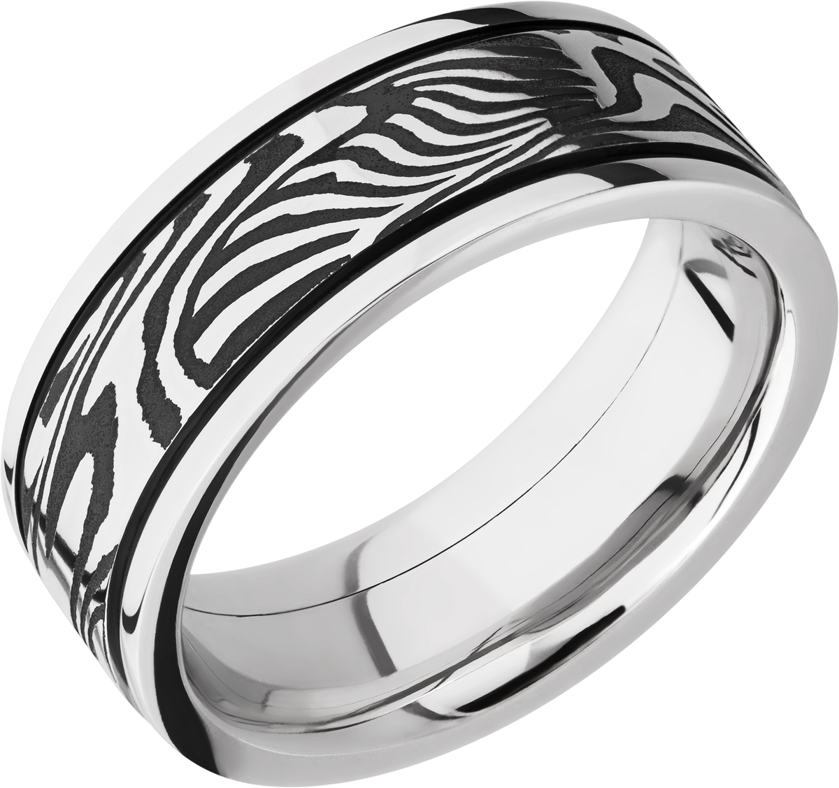 Cobalt chrome 8mm flat band with an inlay of handmade sunset Damascus steel accented with MGA on either side