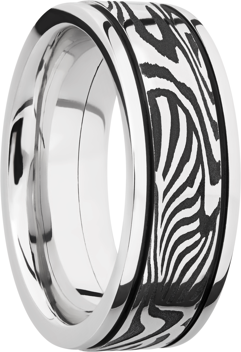 Cobalt chrome 8mm flat band with an inlay of handmade sunset Damascus steel accented with MGA on either side
