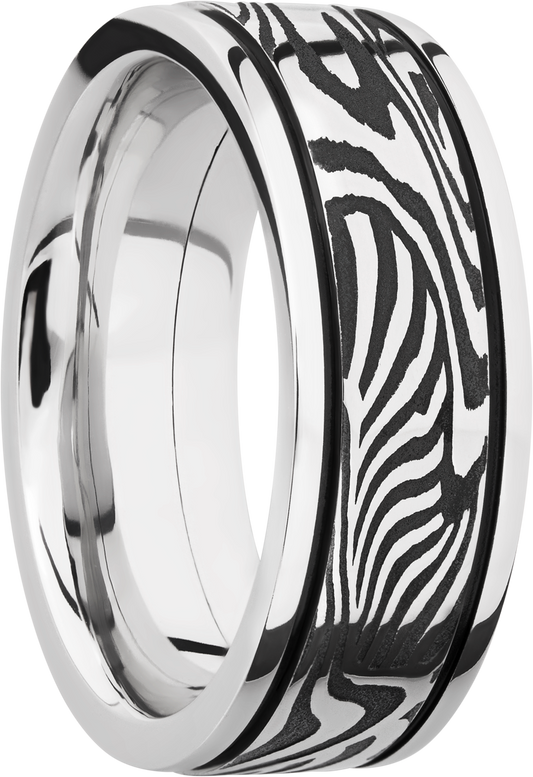Cobalt chrome 8mm flat band with an inlay of handmade sunset Damascus steel accented with MGA on either side