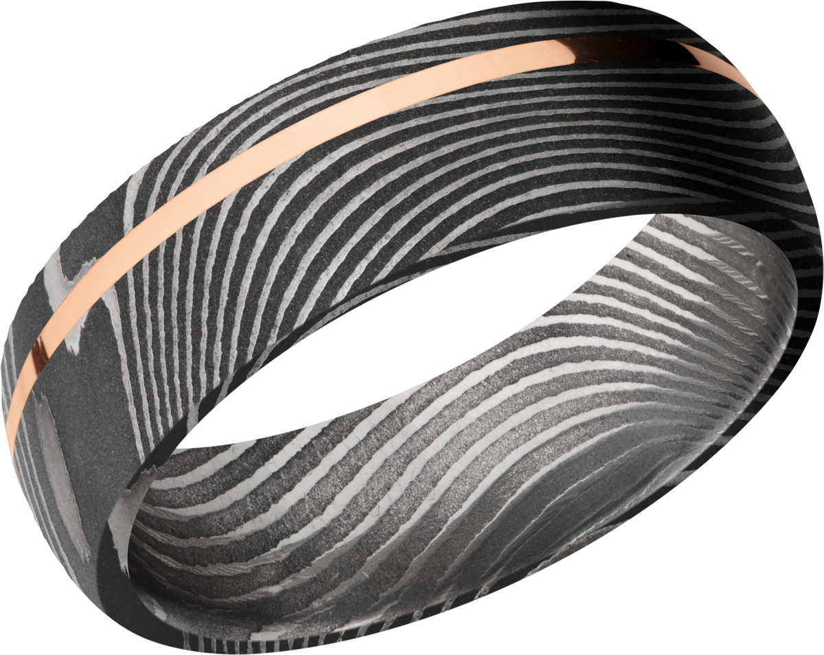 Handmade 7mm flattwist Damascus steel band with an off center inlay of 14K rose gold