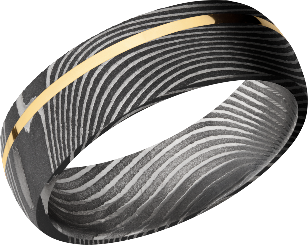 Handmade 7mm flattwist Damascus steel band with an off center inlay of 14K yellow  gold