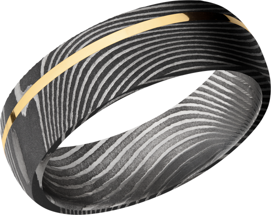 Handmade 7mm flattwist Damascus steel band with an off center inlay of 14K yellow  gold