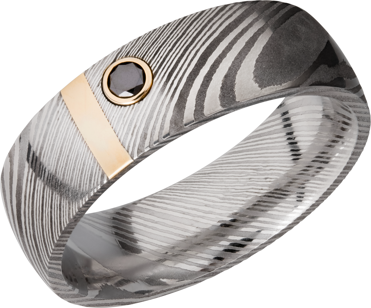 Handmade 7mm zebra Damascus steel band with a vertical inlay of 14K yellow gold and bezel-set black diamond