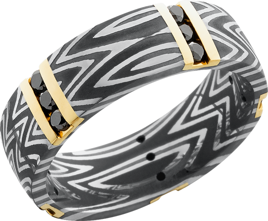 Handmade 7mm zebra Damascus steel band with 5 vertical inlays of 14K yellow gold and 15, .04ct channel-set black diamonds