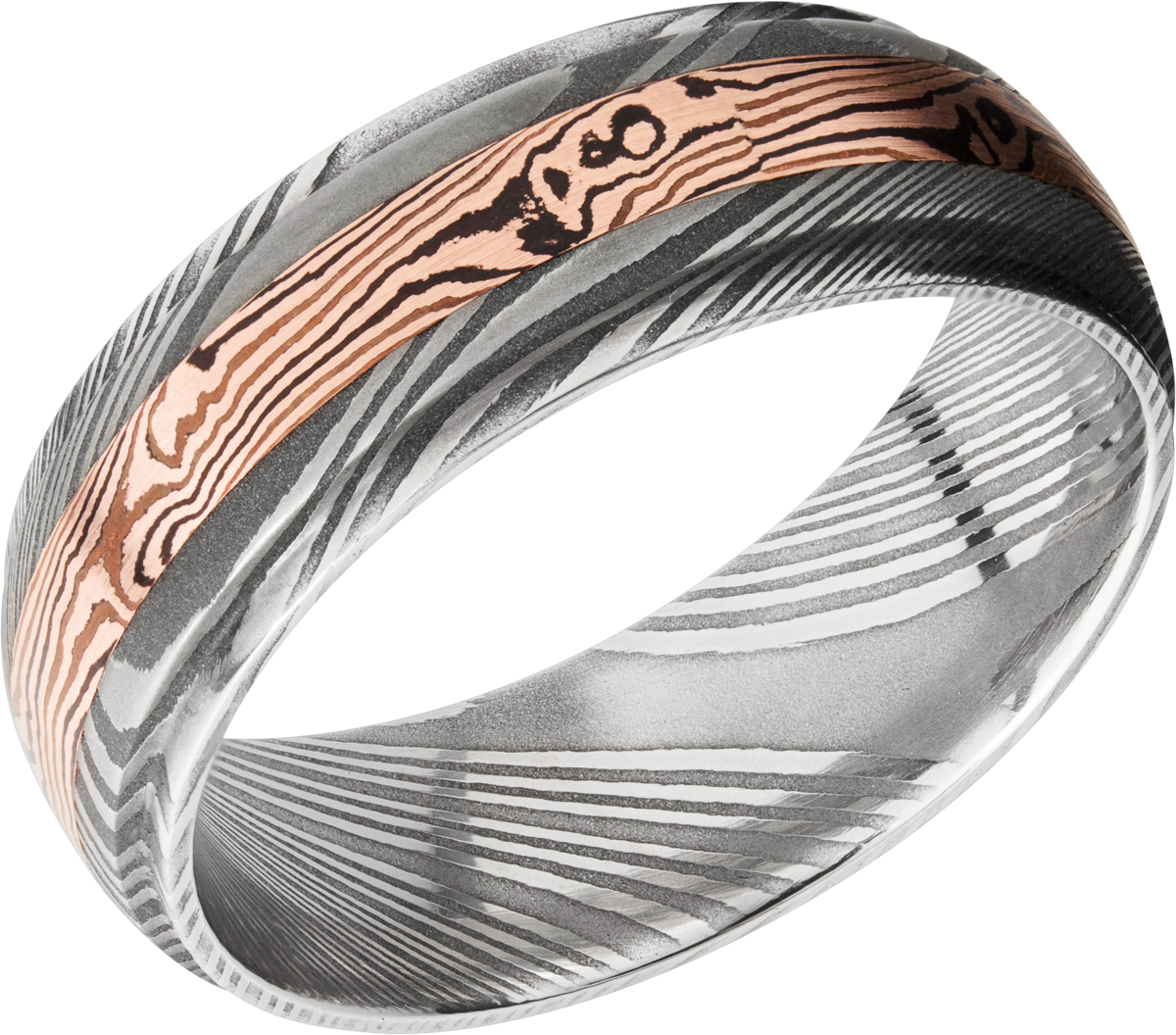 Handmade 7mm Damascus steel band featuring an inlay of Mokume Gane