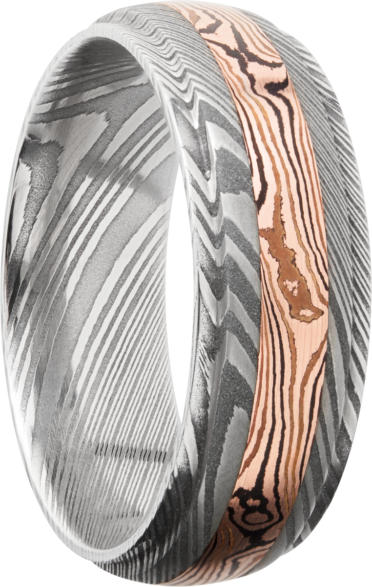 Handmade 7mm Damascus steel band featuring an inlay of Mokume Gane