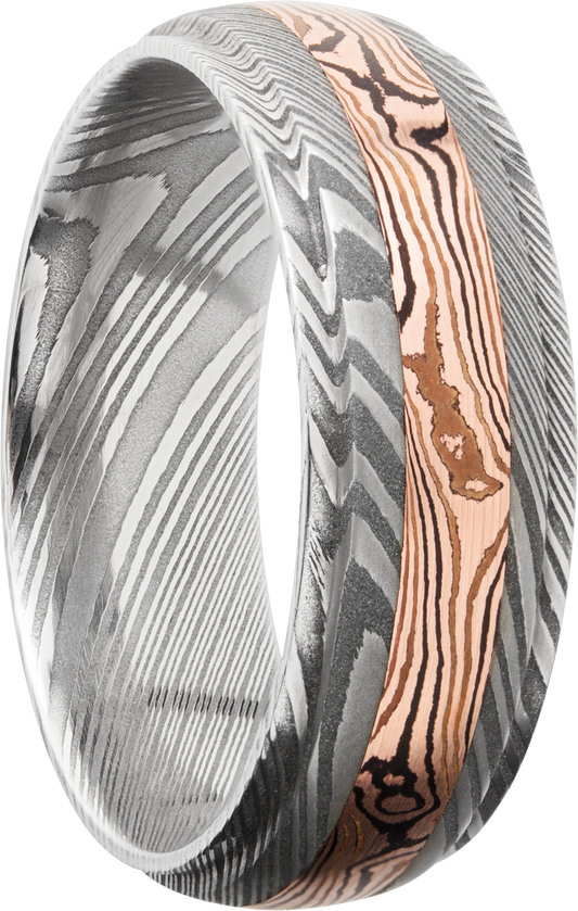 Handmade 7mm Damascus steel band featuring an inlay of Mokume Gane