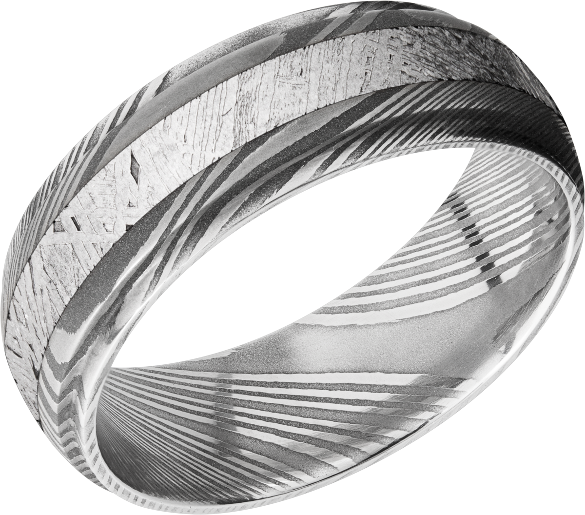 Handmade 7mm Damascus steel band with an inlay of authentic Gibeon Meteorite