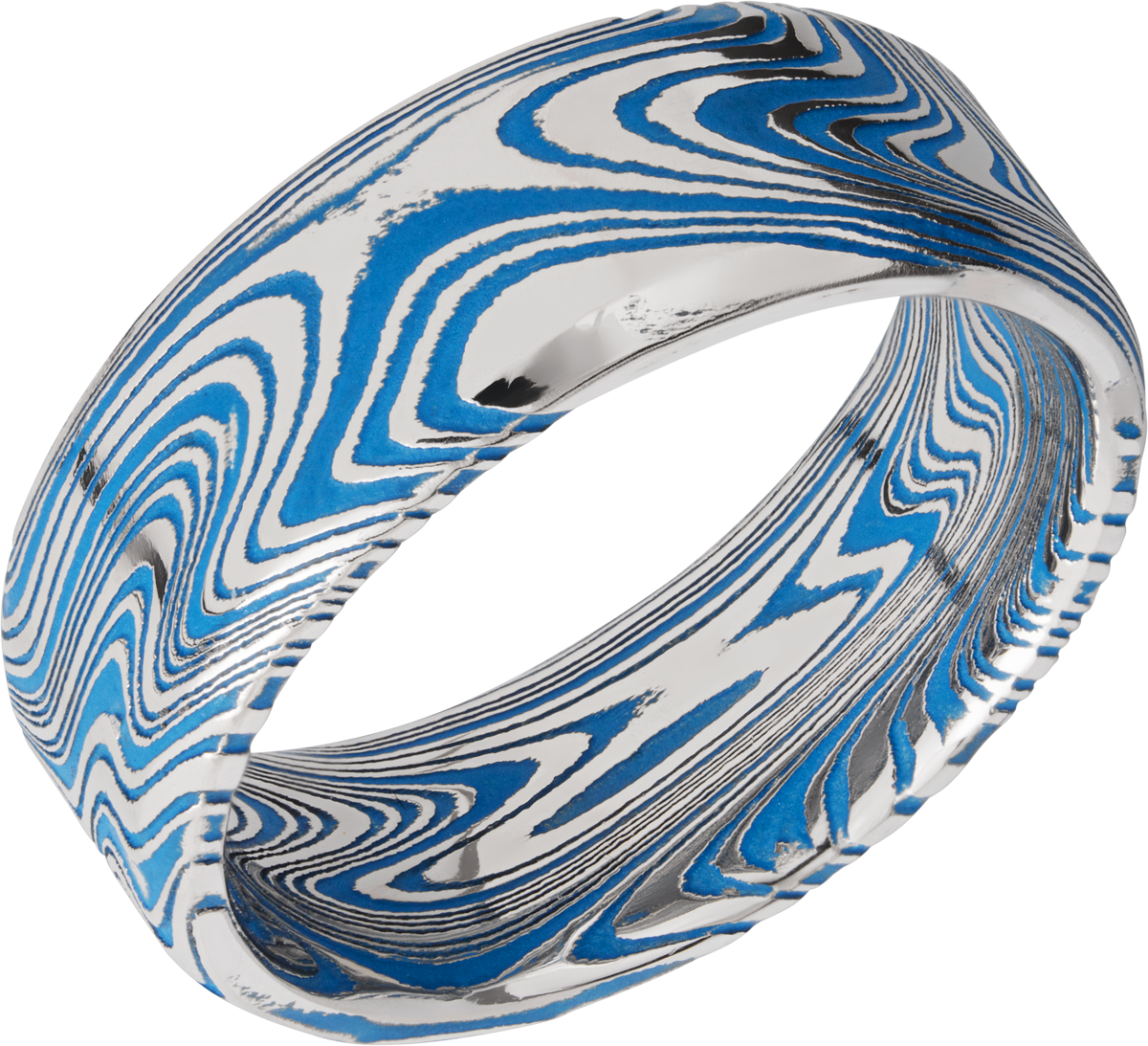 Marble Damascus steel 8mm beveled band with Ridgeway Blue Cerakote in the recessed pattern