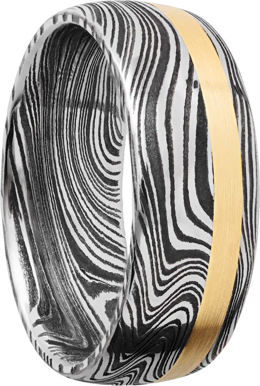 Handmade 8mm marble Damascus steel domed band with an off center inlay of 14K yellow gold