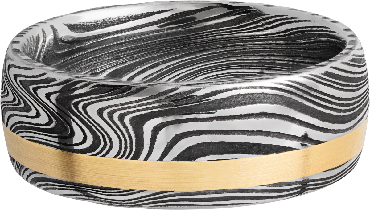 Handmade 8mm marble Damascus steel domed band with an off center inlay of 14K yellow gold