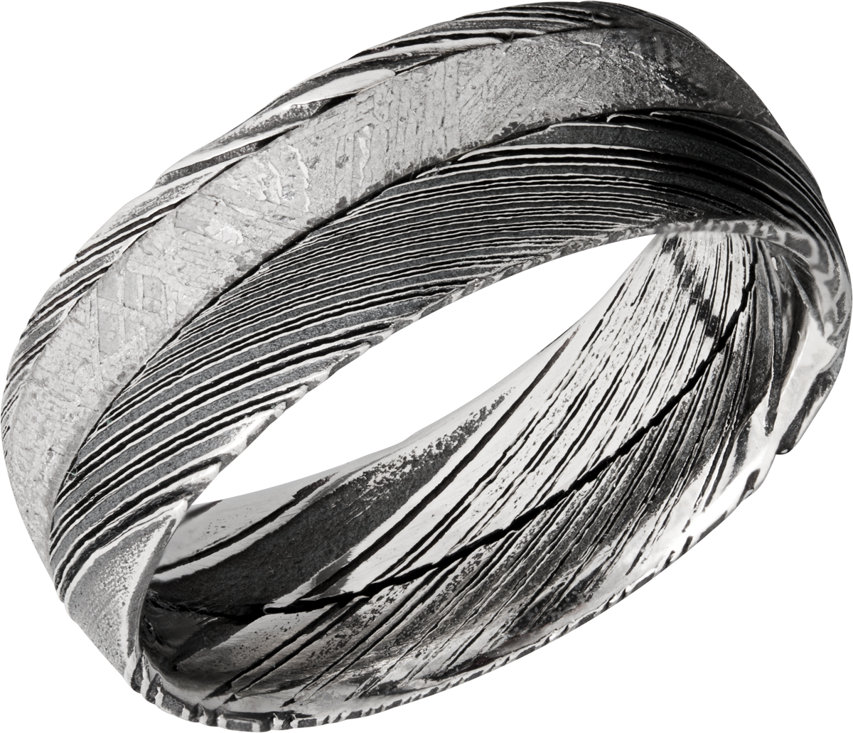 Handmade 8mm Woodgrain Damascus steel band with an off center inlay of authentic Gibeon meteorite