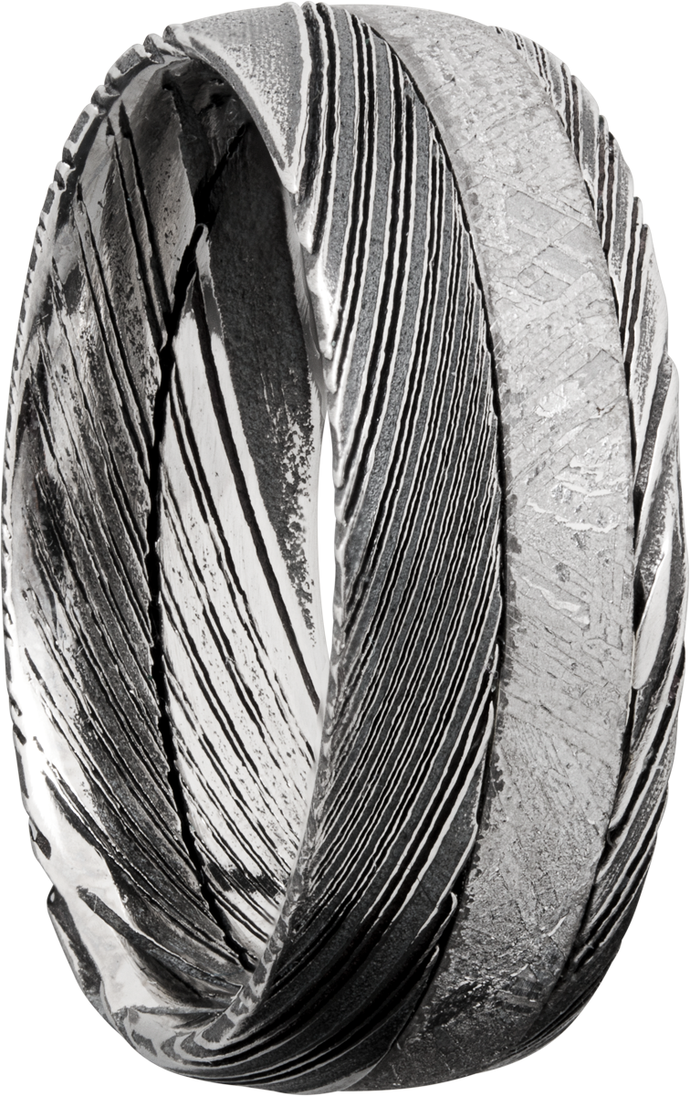 Handmade 8mm Woodgrain Damascus steel band with an off center inlay of authentic Gibeon meteorite