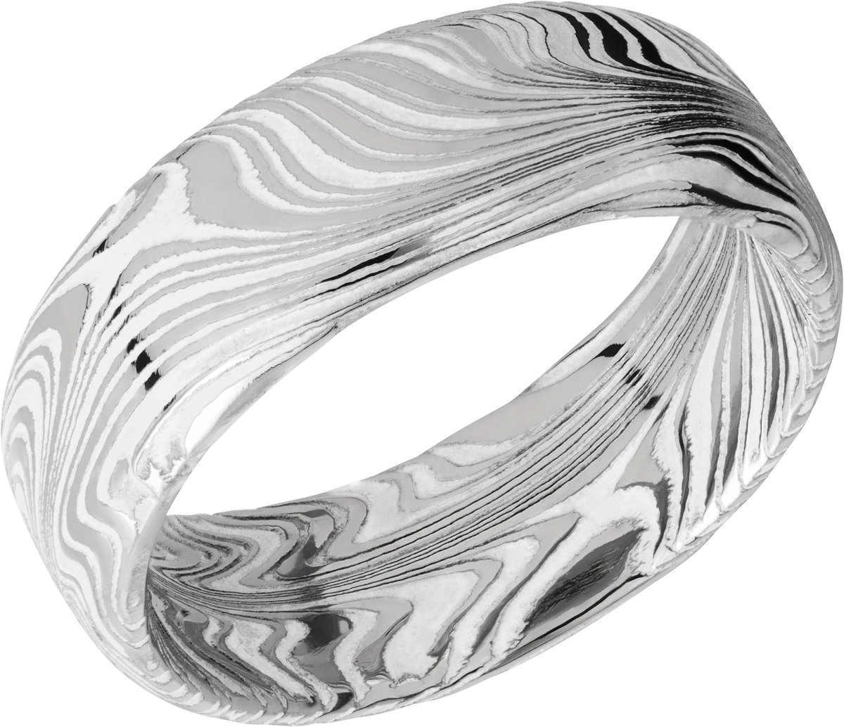 Marble Damascus steel 8mm domed band with White Cerakote in the recessed pattern