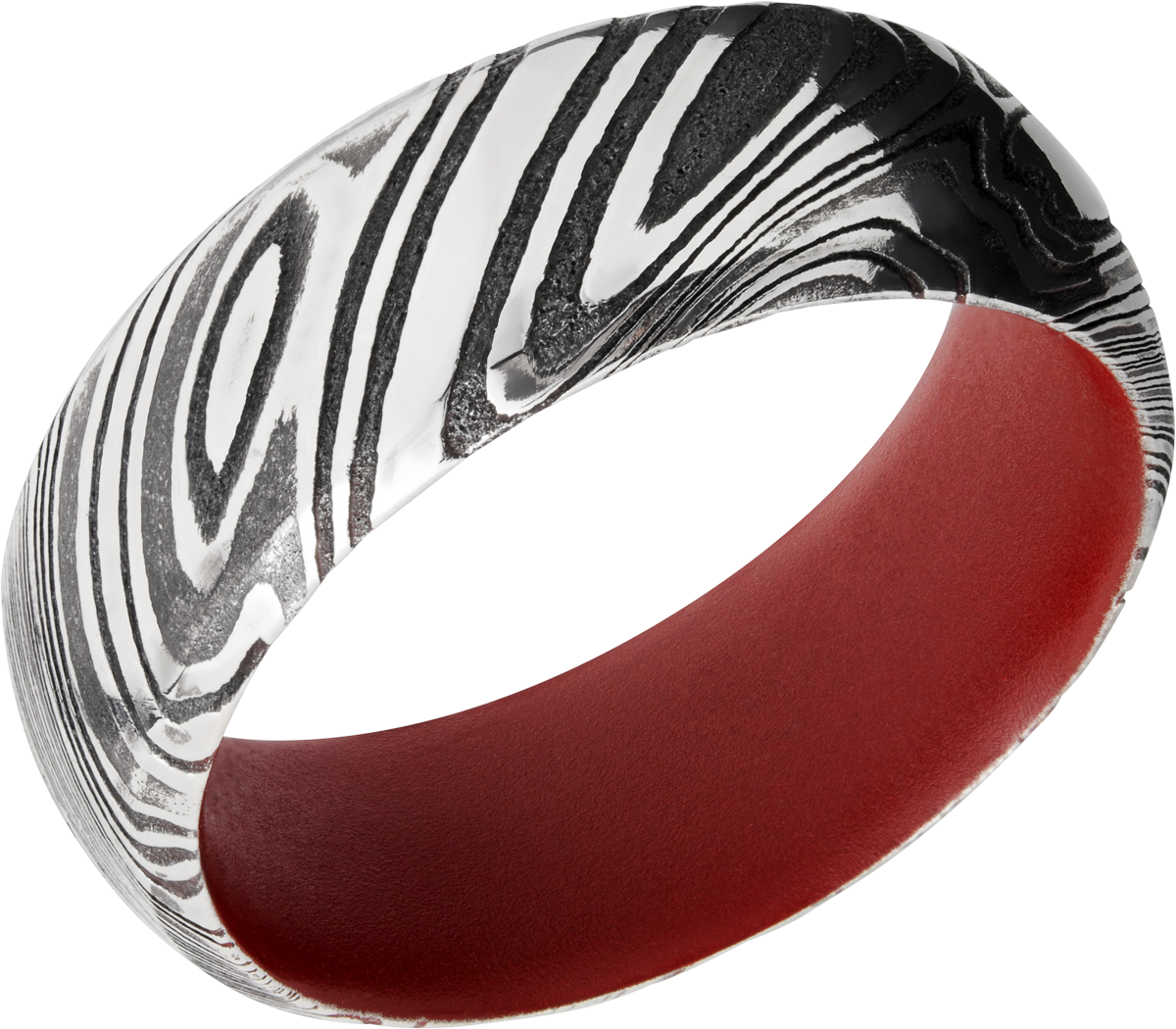 Woodgrain Damascus steel 8mm domed band with beveled edges a red Cerakote sleeve