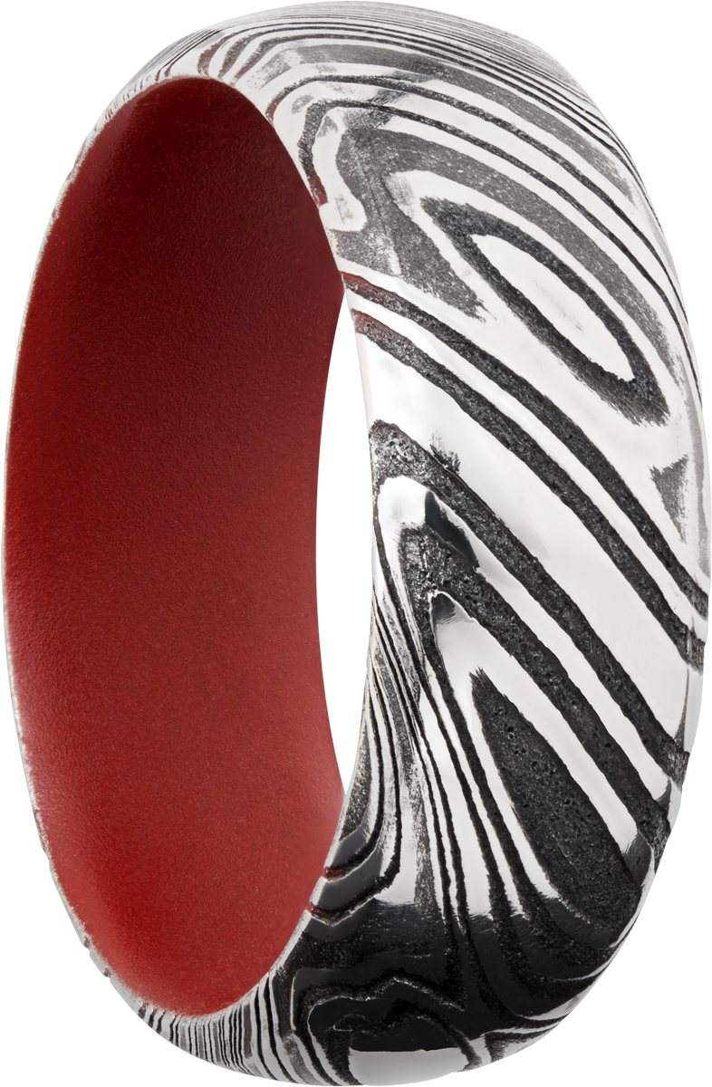 Woodgrain Damascus steel 8mm domed band with beveled edges a red Cerakote sleeve