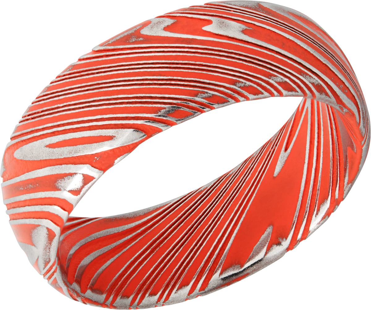 Woodgrain Damascus steel 8mm domed band beveled edges and Hunter Orange Cerakote in the recessed pattern