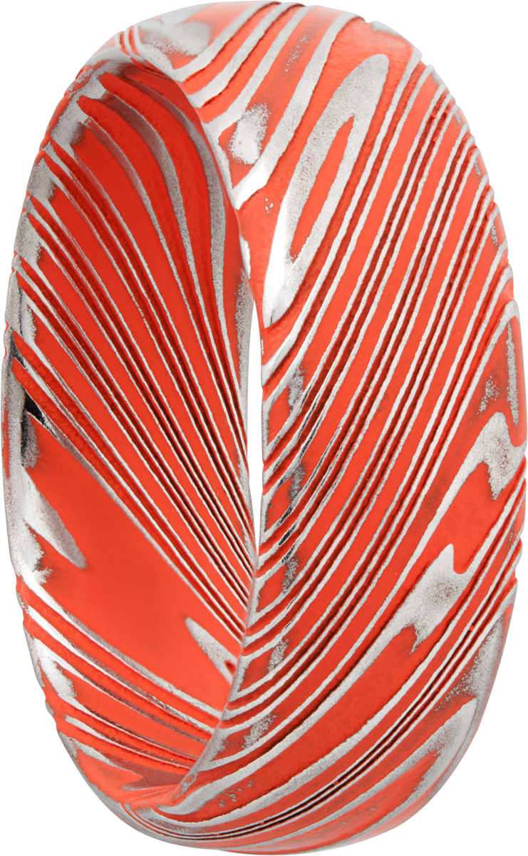 Woodgrain Damascus steel 8mm domed band beveled edges and Hunter Orange Cerakote in the recessed pattern