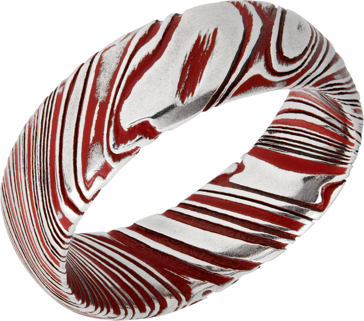 Woodgrain Damascus steel 8mm domed band beveled edges and red Cerakote in the recessed pattern