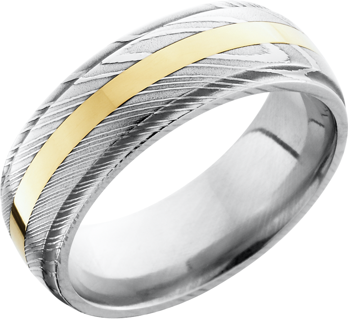 Handmade 8mm Damascus steel domed band with grooved edges and an inlay of 14K yellow gold