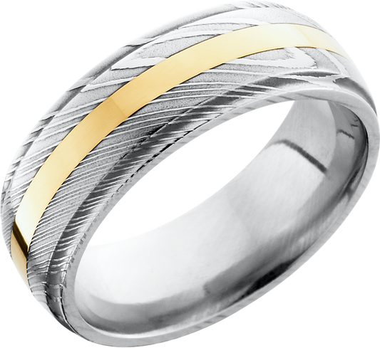 Handmade 8mm Damascus steel domed band with grooved edges and an inlay of 14K yellow gold