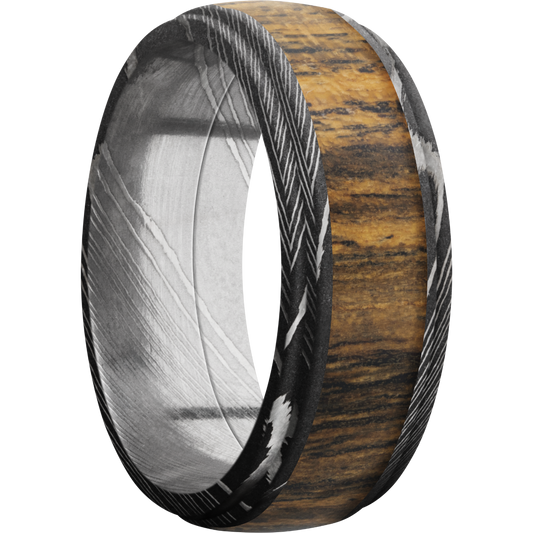 Damascus steel 8mm domed band with grooved edges and an inlay of Bocote hardwood