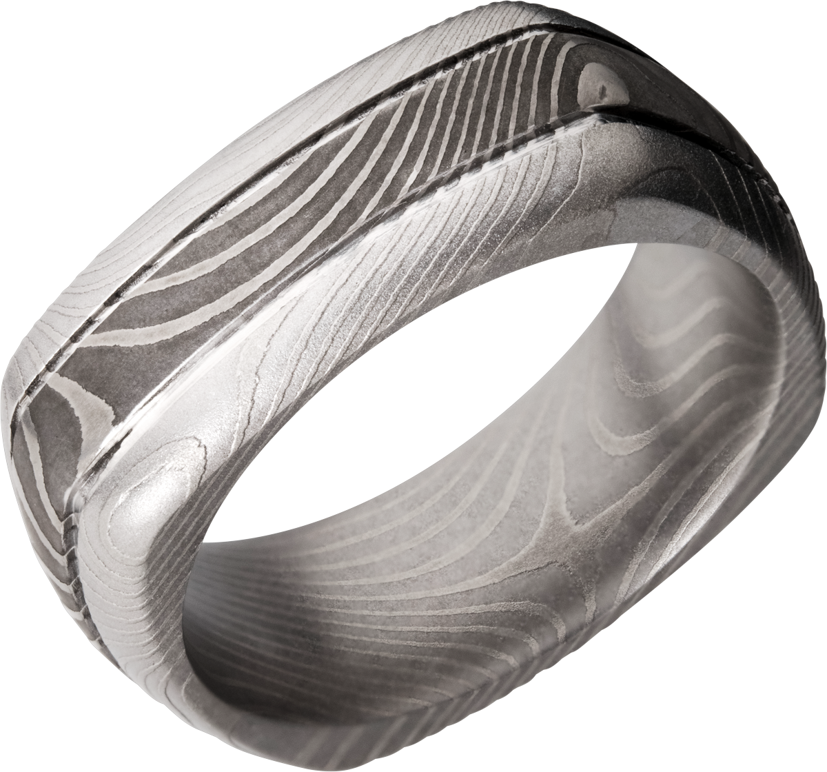 Handmade 8mm flattwist Damascus steel square domed band with 2, .5mm grooves