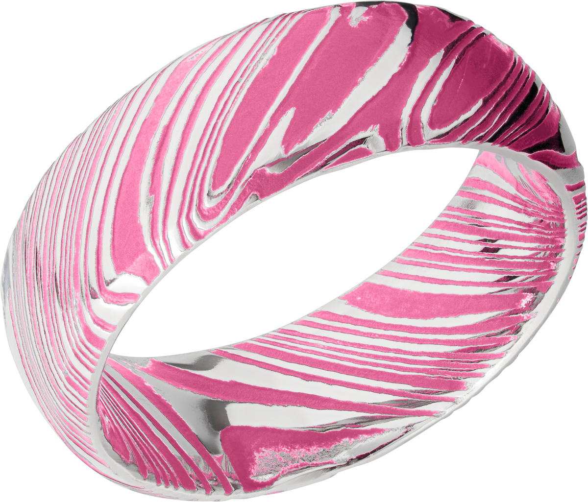 Woodgrain Damascus steel 8mm domed band beveled edges and pink Cerakote in the recessed pattern