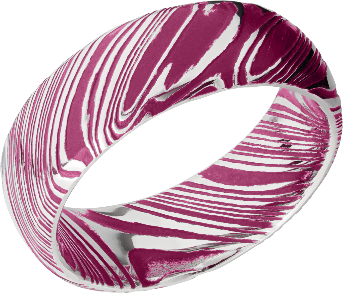 Woodgrain Damascus steel 8mm domed band beveled edges and pink Cerakote in the recessed pattern