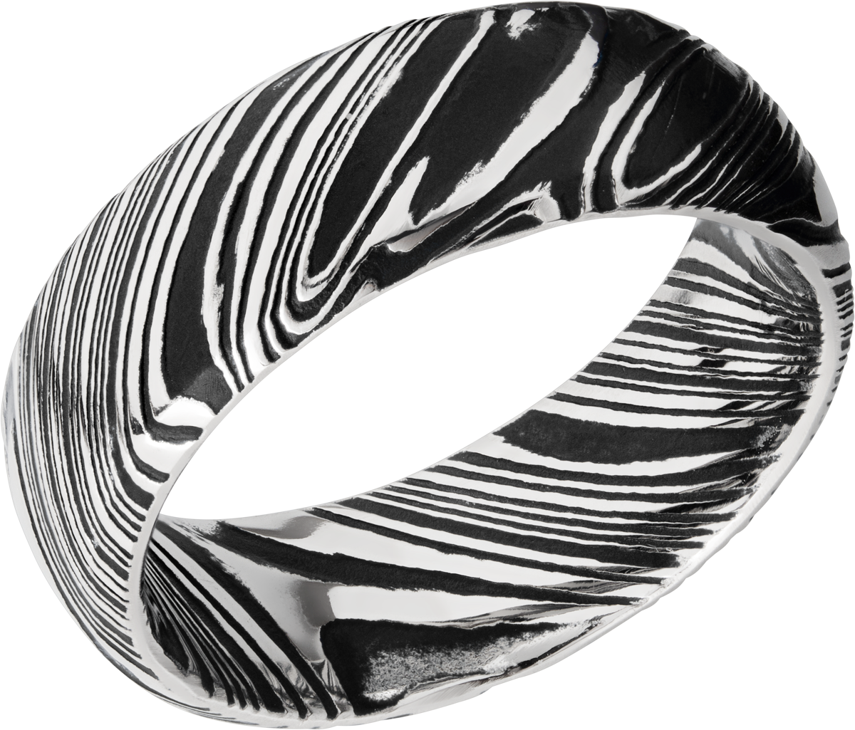 Woodgrain Damascus steel 8mm domed band beveled edges and Black Cerakote in the recessed pattern