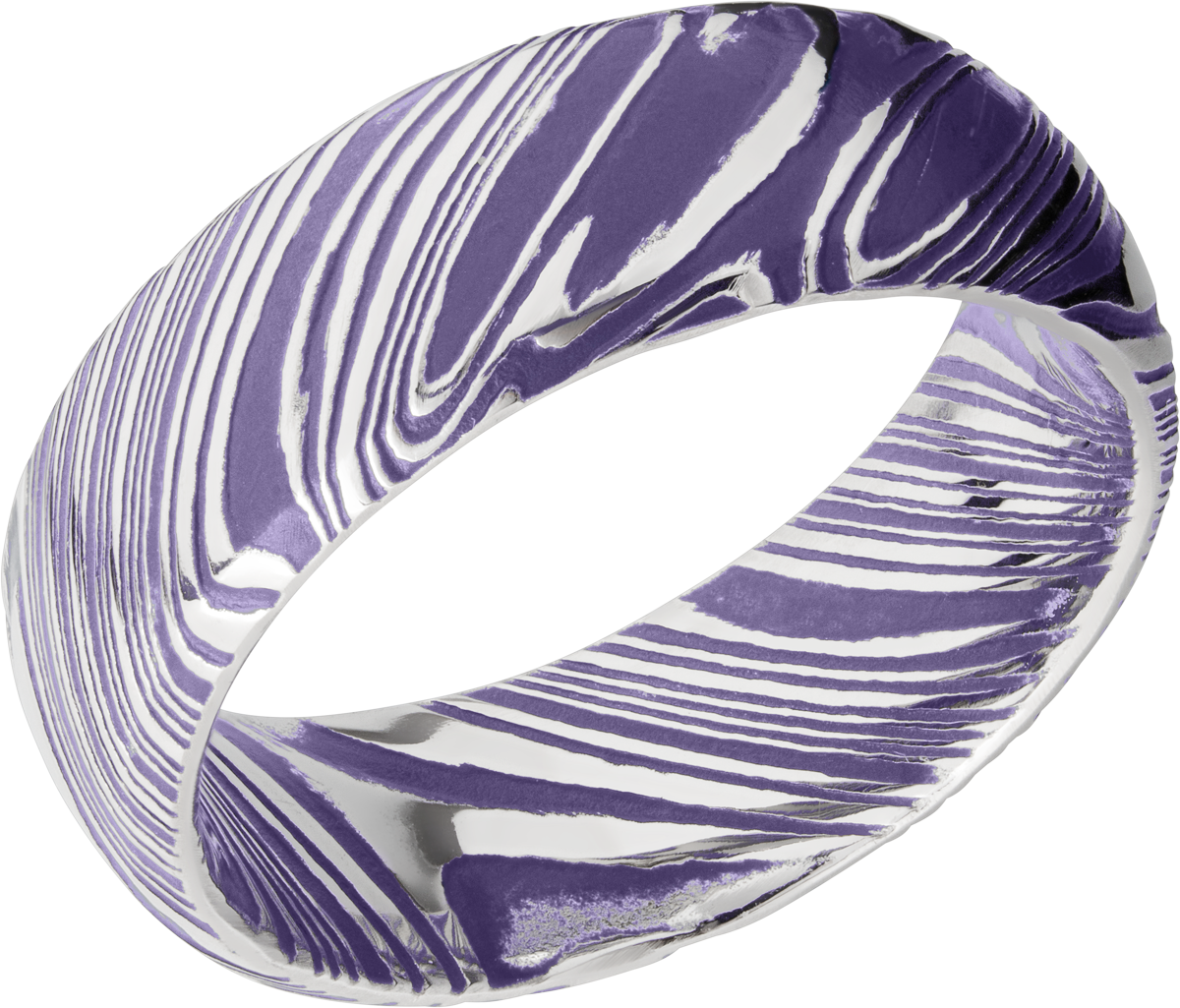 Woodgrain Damascus steel 8mm domed band beveled edges and Bright Purple Cerakote in the recessed pattern