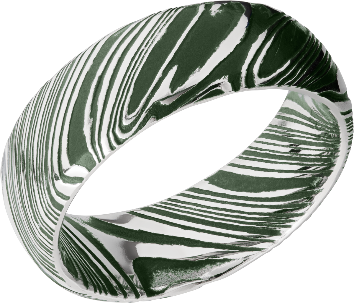 Woodgrain Damascus steel 8mm domed band beveled edges and Eastern Green Cerakote in the recessed pattern